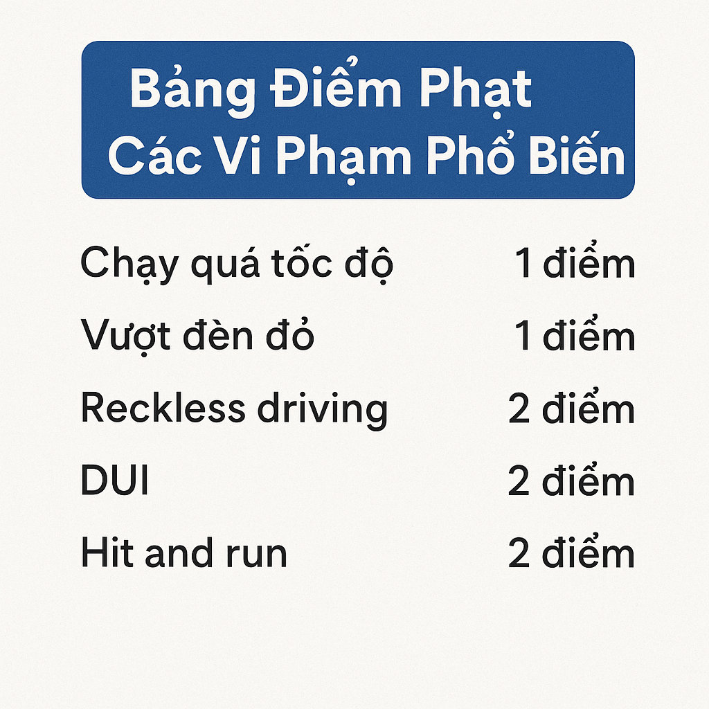 Điểm phạt cho các vi phạm của việc lái xe bất cẩn California