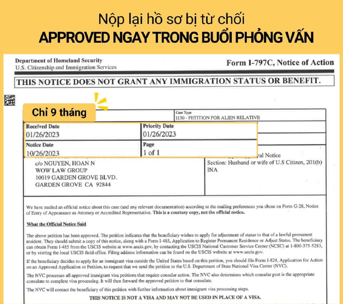 Hồ sơ di trú bị từ chối được approved sau khi được sự trợ giúp từ văn phòng