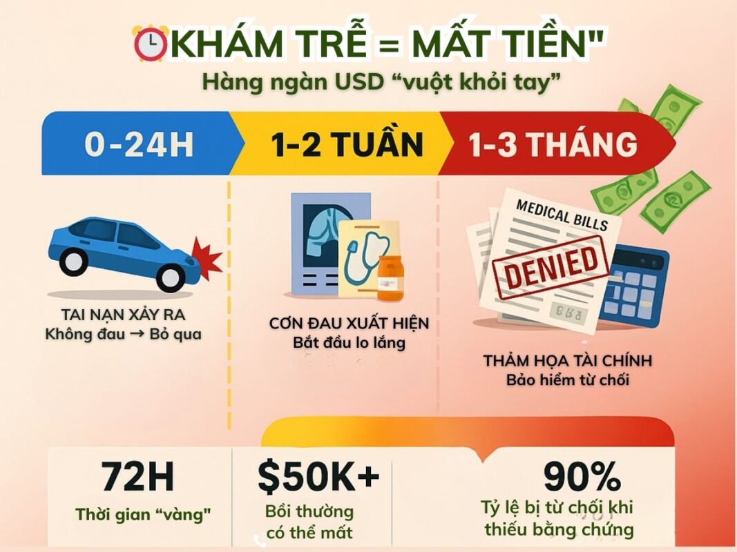 Hãy nhớ rằng việc khám trễ sau tai nạn sẽ khiến bạn khó lòng đòi được mức bồi thường cao nhất