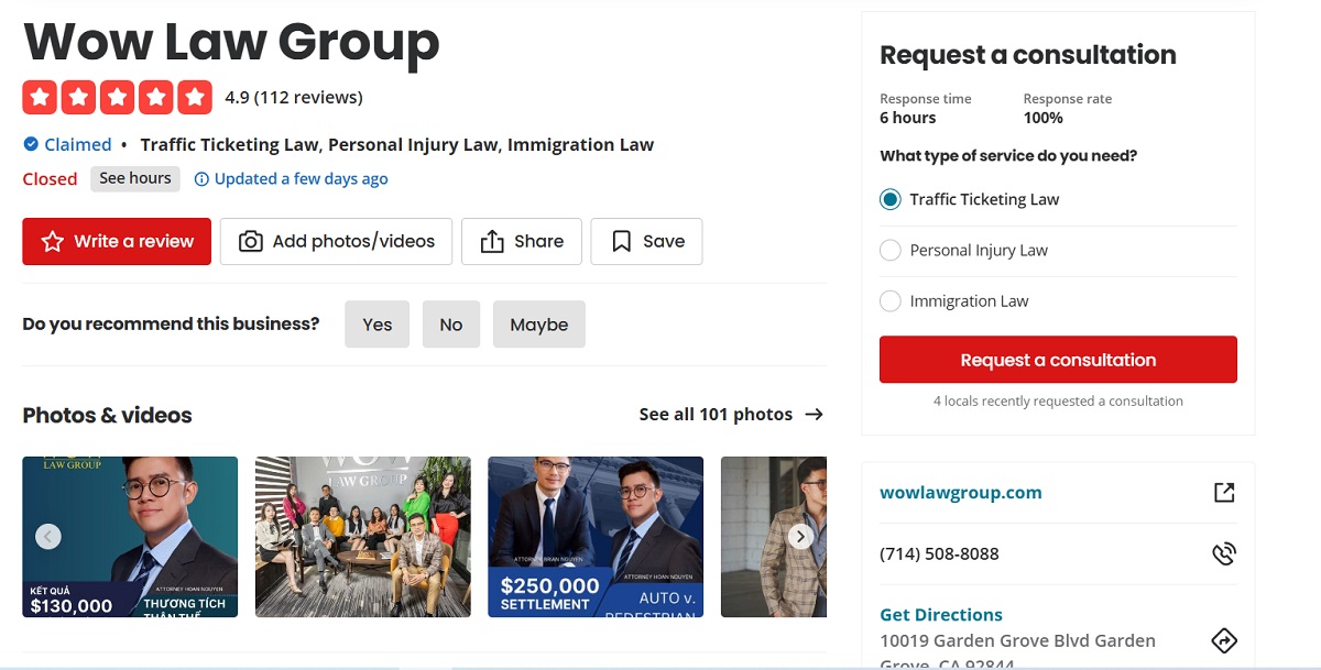 Wow Law Group là văn phòng được nhiều đánh giá tích cực, và được đề xuất nhiều nhất
