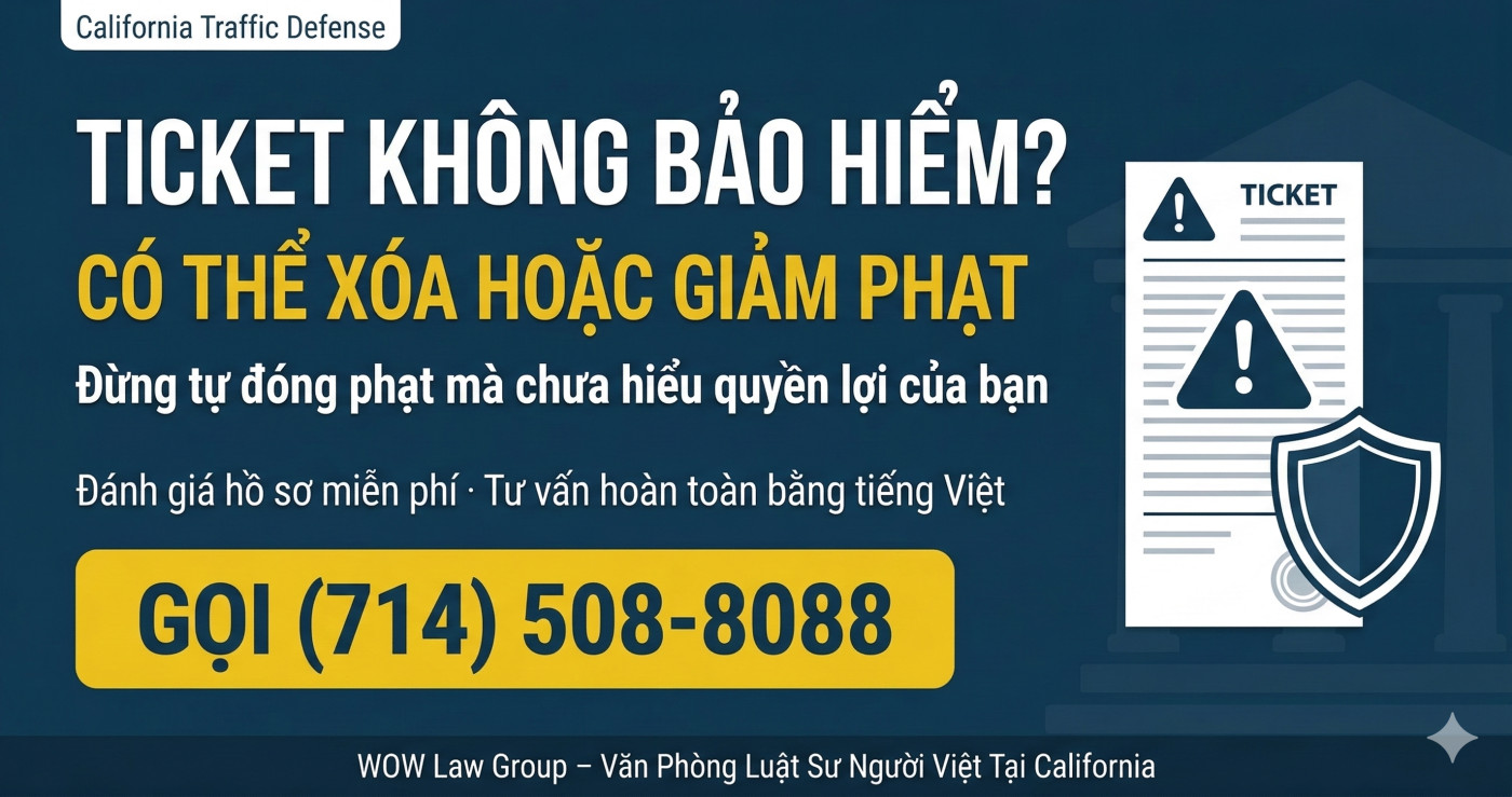 WOW Law Group có thể giúp xóa hoặc giảm ticket không bảo hiểm. Đừng tự đóng phạt mà không tìm hiểu quyền lợi của mình.